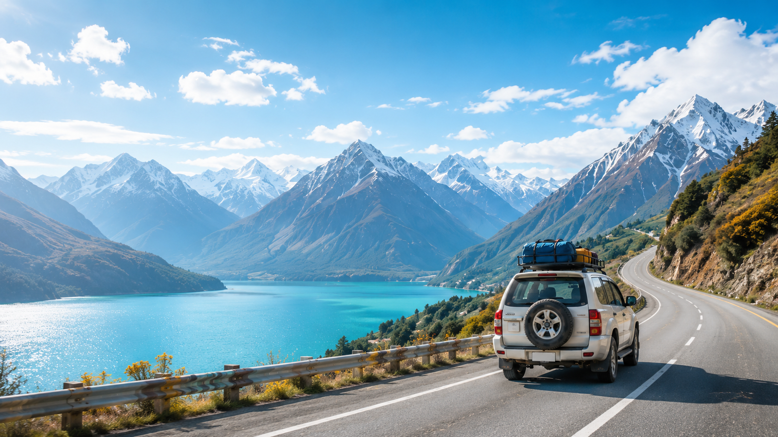 Mountain road journey with scenic lake
